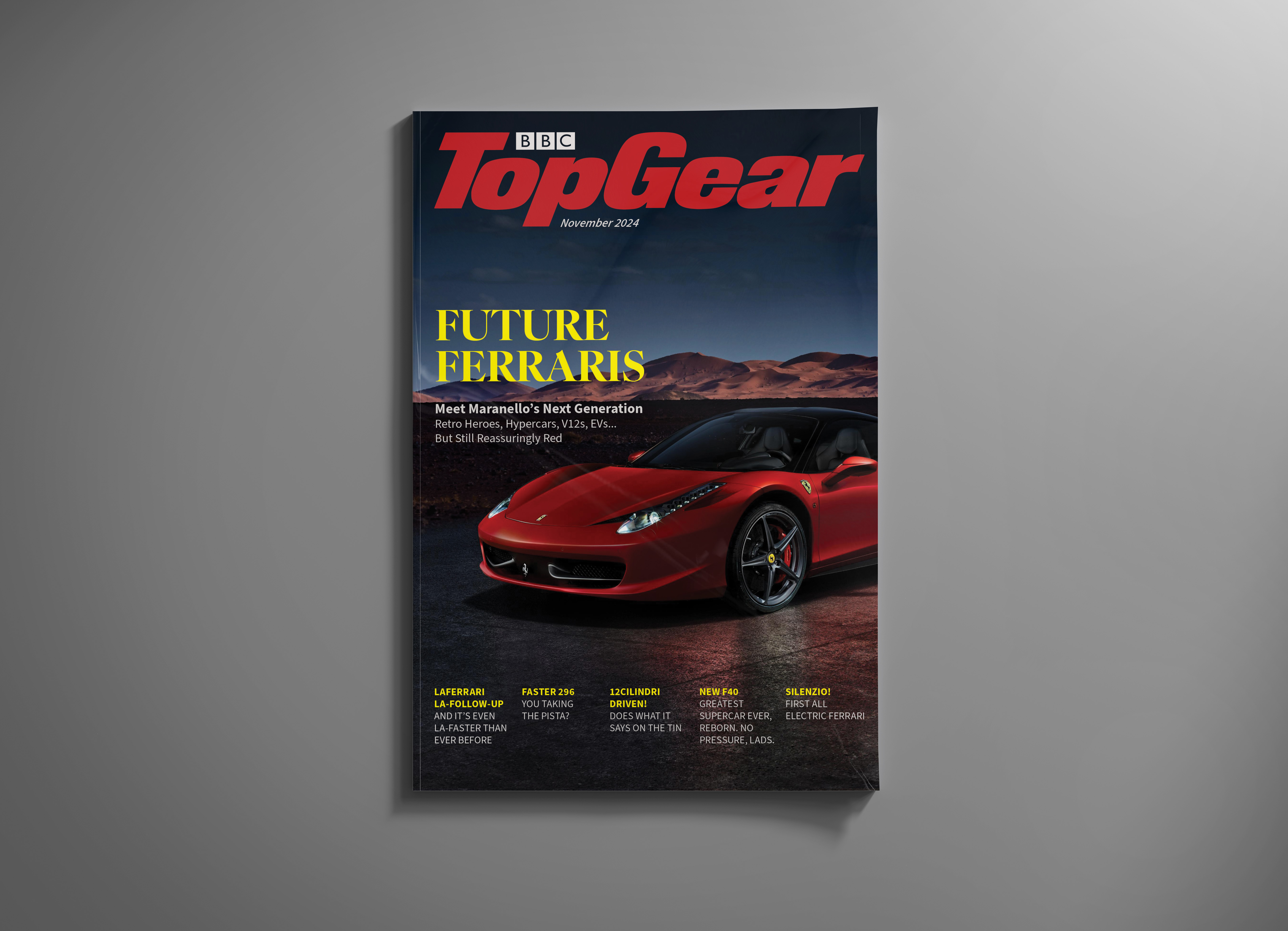 Mockup display of a fictional magazine cover for TopGear
