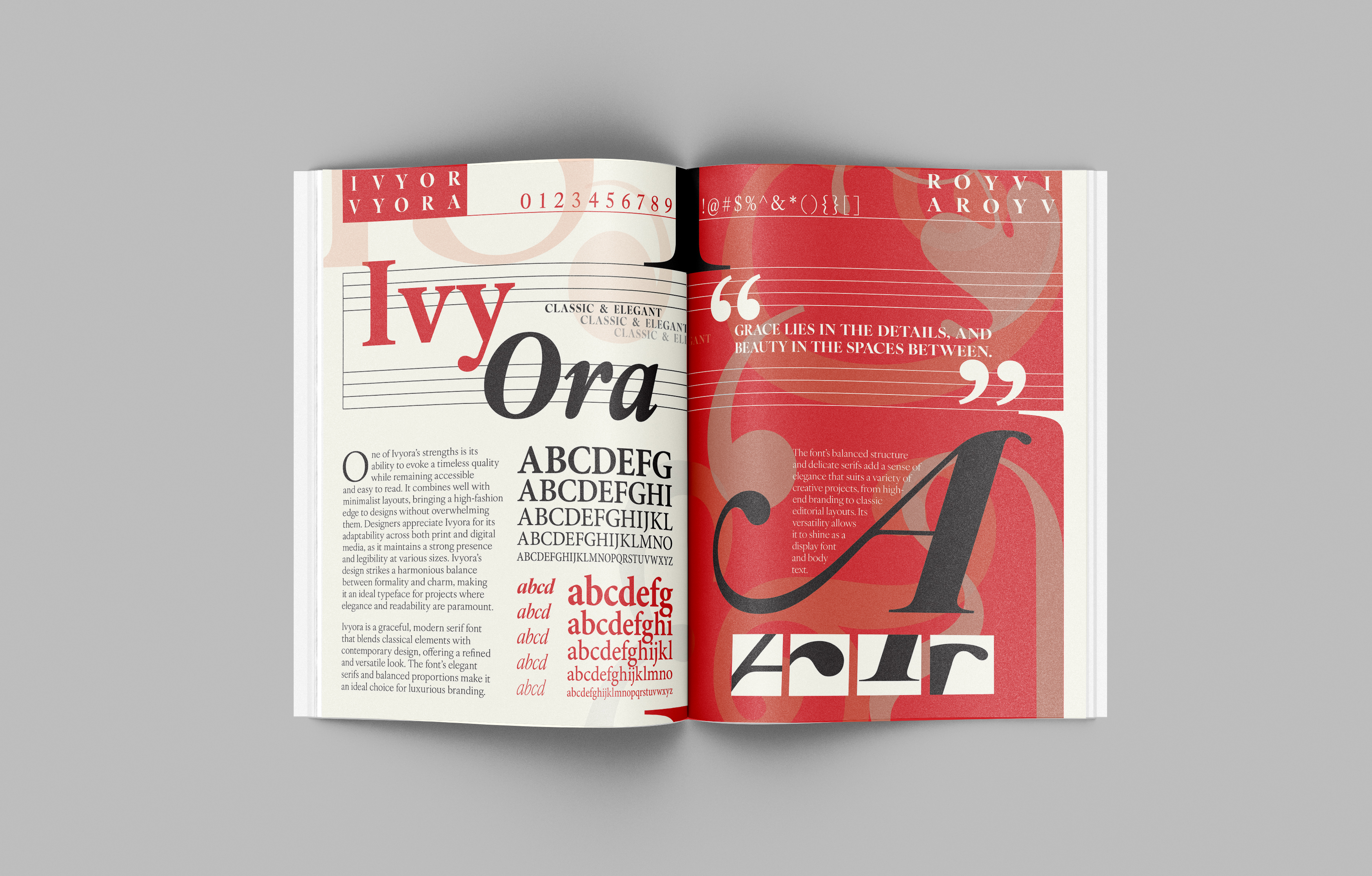 Mockup display of an IvyOra Typeface magazine spread