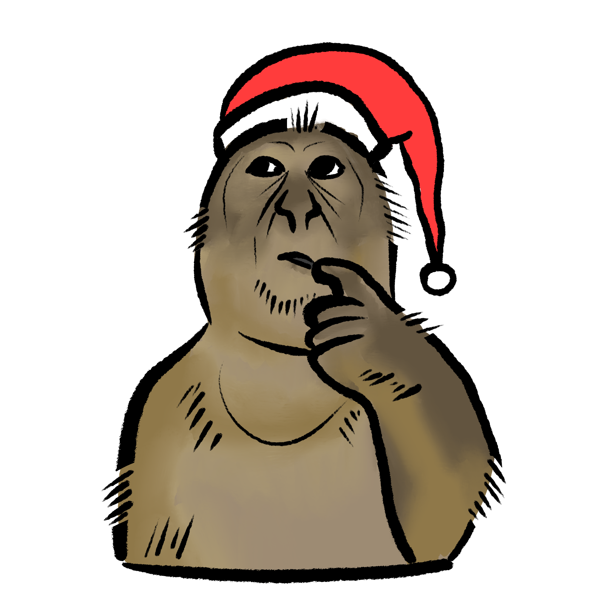 cartoon drawing of a thinking monkey in a christmas hat